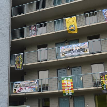Banners on the hotel balconies welcoming veterans