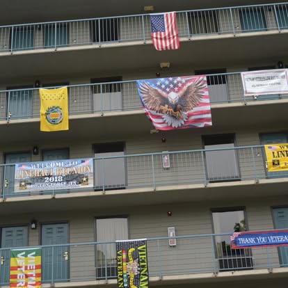 American flag and welcome banners at the reunion hotel